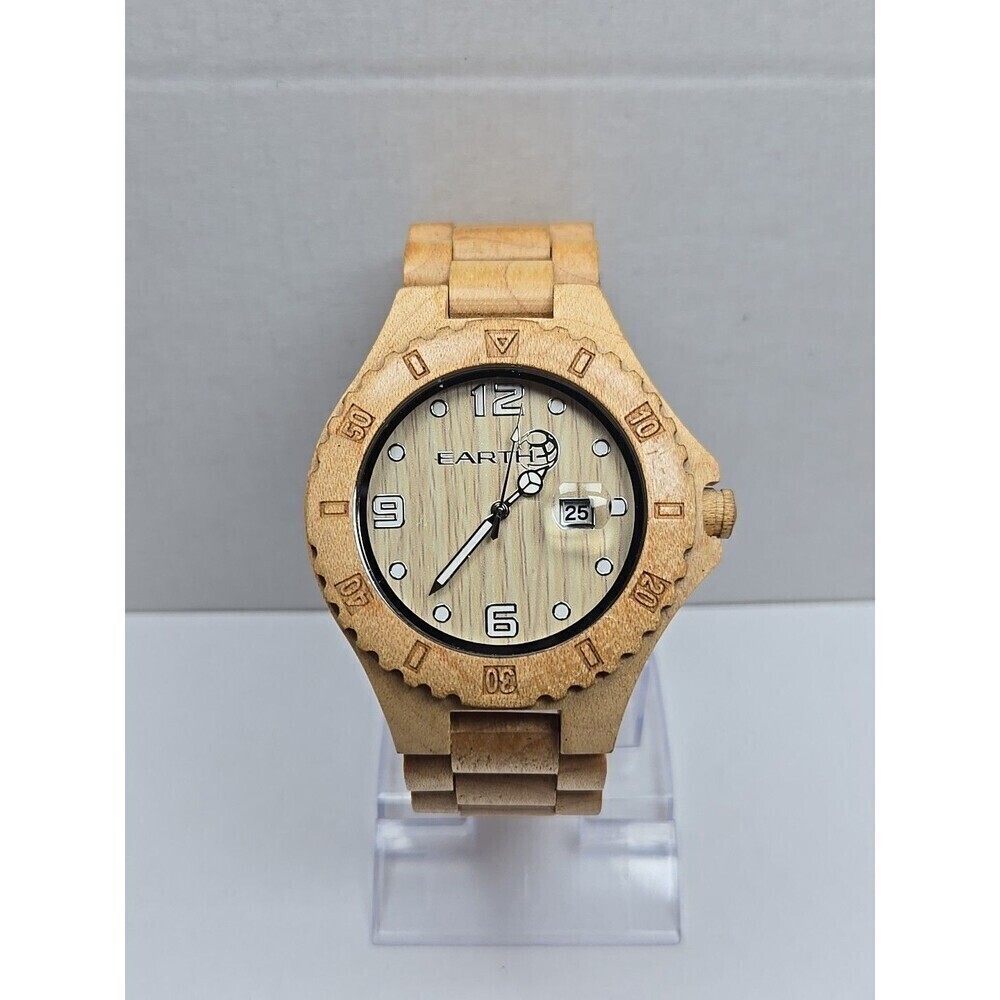 Earth Wood Quartz Watch Maple Bracelet Date 50mm Mens Eco Friendly New Battery